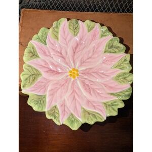 Vintage 1961 Sally Stone Signed Pink Poinsettia Ceramic Bowl 6.5" Christmas MCM